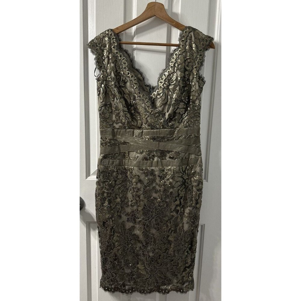 Tadashi Shoji Sequined Lace Smoked Pearl Grey Bronze Waist Detail Dress 8 Formal - Picture 2 of 9
